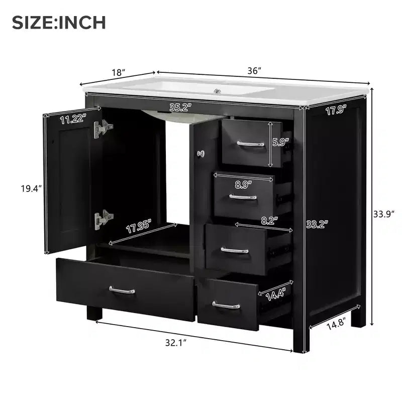 Meuble-lavabo de salle de bain de 36 po avec vasque en céramique, armoire de rangement, 2 portes à fermeture douce, 5 tiroirs, pour salle de bain, garage, jardin ou bureau