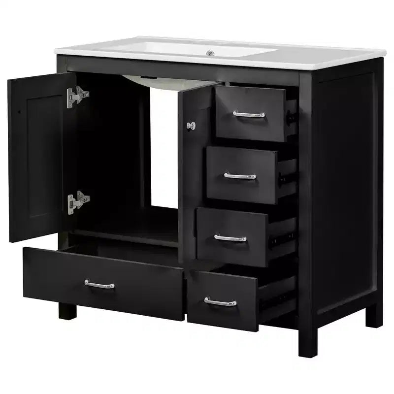 Meuble-lavabo de salle de bain de 36 po avec vasque en céramique, armoire de rangement, 2 portes à fermeture douce, 5 tiroirs, pour salle de bain, garage, jardin ou bureau