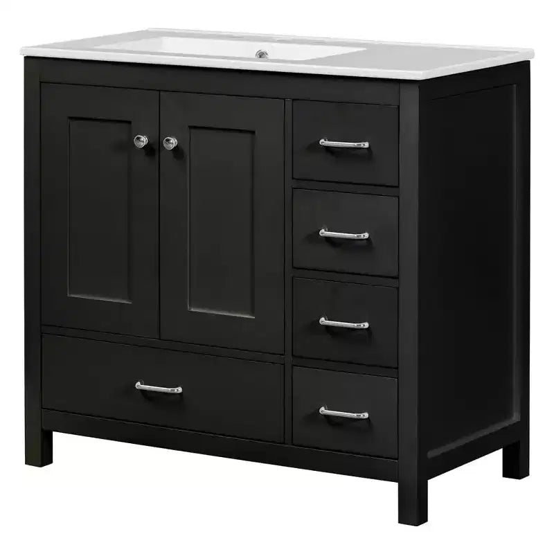 Meuble-lavabo de salle de bain de 36 po avec vasque en céramique, armoire de rangement, 2 portes à fermeture douce, 5 tiroirs, pour salle de bain, garage, jardin ou bureau