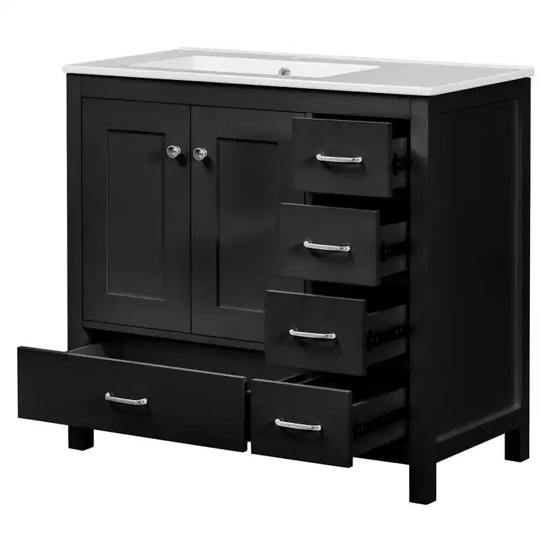 Meuble-lavabo de salle de bain de 36 po avec vasque en céramique, armoire de rangement, 2 portes à fermeture douce, 5 tiroirs, pour salle de bain, garage, jardin ou bureau