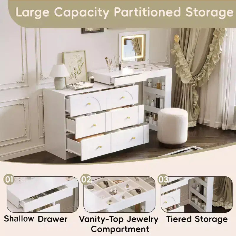 Coiffeuse Okak avec miroir rabattable, Coiffeuse vintage avec 7 tiroirs, 3 étagères et 9 compartiments, Coiffeuse compacte pour chambre à coucher, salon