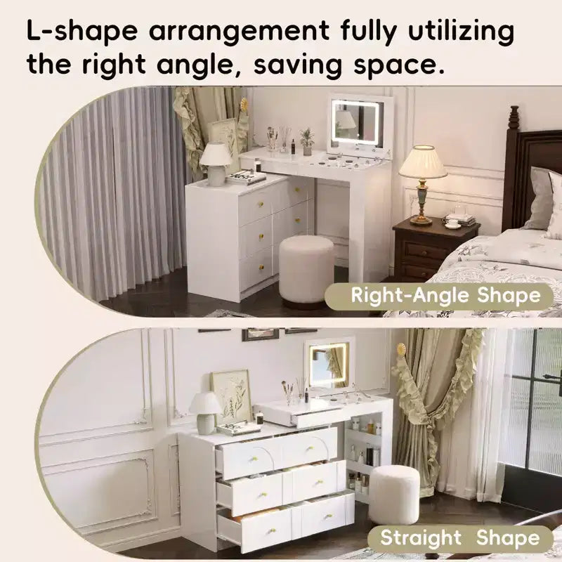 Coiffeuse Okak avec miroir rabattable, Coiffeuse vintage avec 7 tiroirs, 3 étagères et 9 compartiments, Coiffeuse compacte pour chambre à coucher, salon