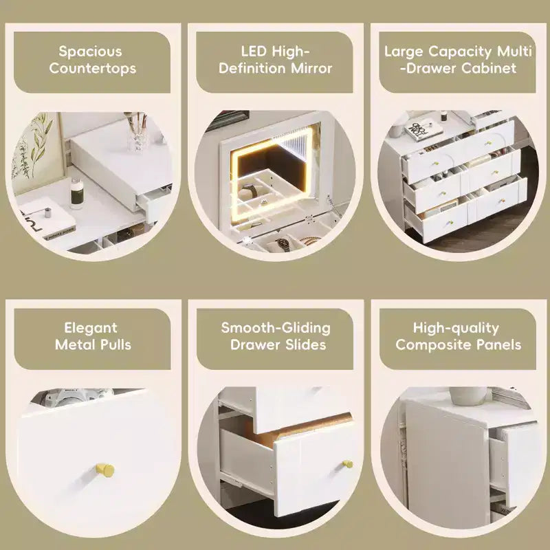 Coiffeuse Okak avec miroir rabattable, Coiffeuse vintage avec 7 tiroirs, 3 étagères et 9 compartiments, Coiffeuse compacte pour chambre à coucher, salon