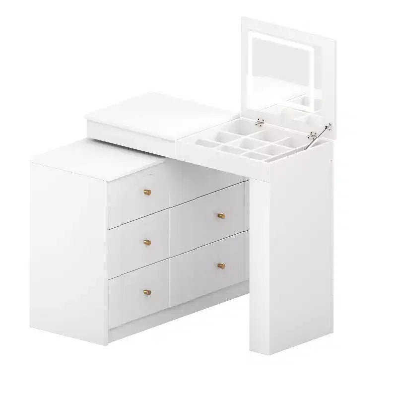 Coiffeuse Okak avec miroir rabattable, Coiffeuse vintage avec 7 tiroirs, 3 étagères et 9 compartiments, Coiffeuse compacte pour chambre à coucher, salon