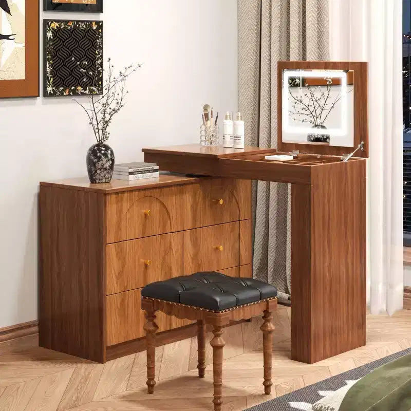 Coiffeuse Okak avec miroir rabattable, Coiffeuse vintage avec 7 tiroirs, 3 étagères et 9 compartiments, Coiffeuse compacte pour chambre à coucher, salon