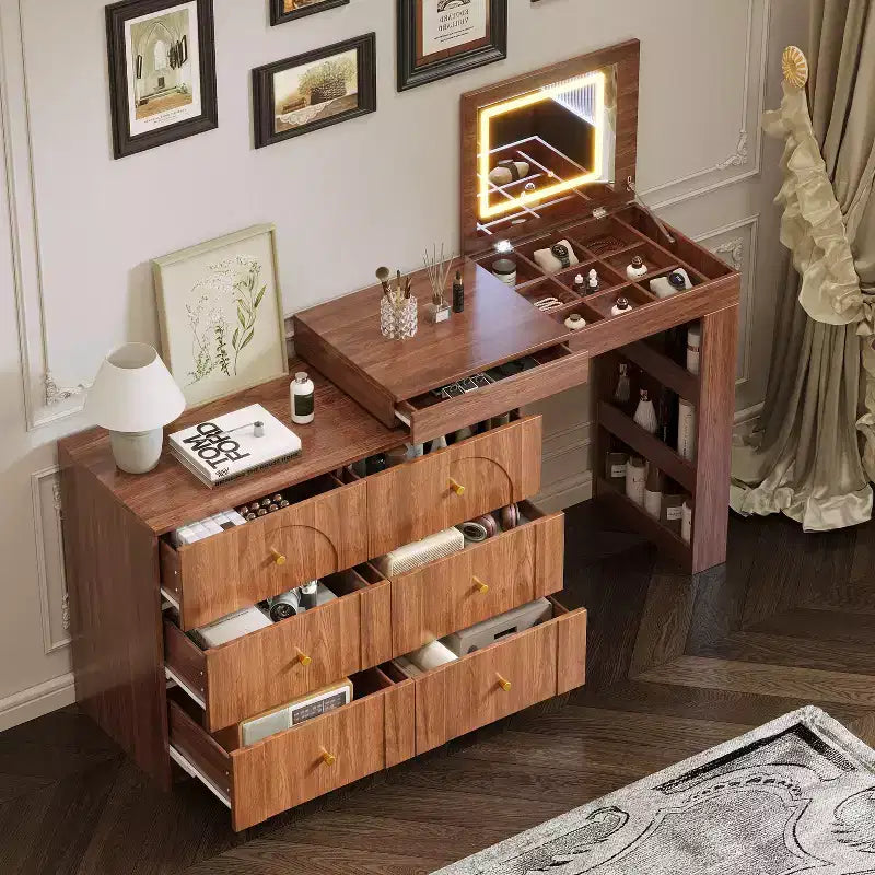 Coiffeuse Okak avec miroir rabattable, Coiffeuse vintage avec 7 tiroirs, 3 étagères et 9 compartiments, Coiffeuse compacte pour chambre à coucher, salon