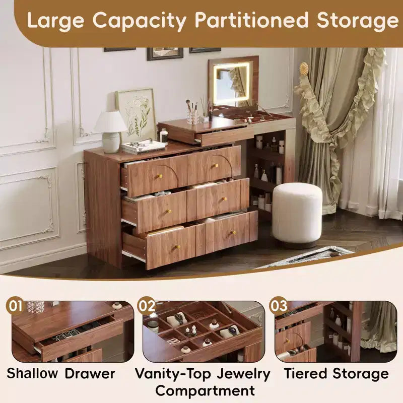 Coiffeuse Okak avec miroir rabattable, Coiffeuse vintage avec 7 tiroirs, 3 étagères et 9 compartiments, Coiffeuse compacte pour chambre à coucher, salon