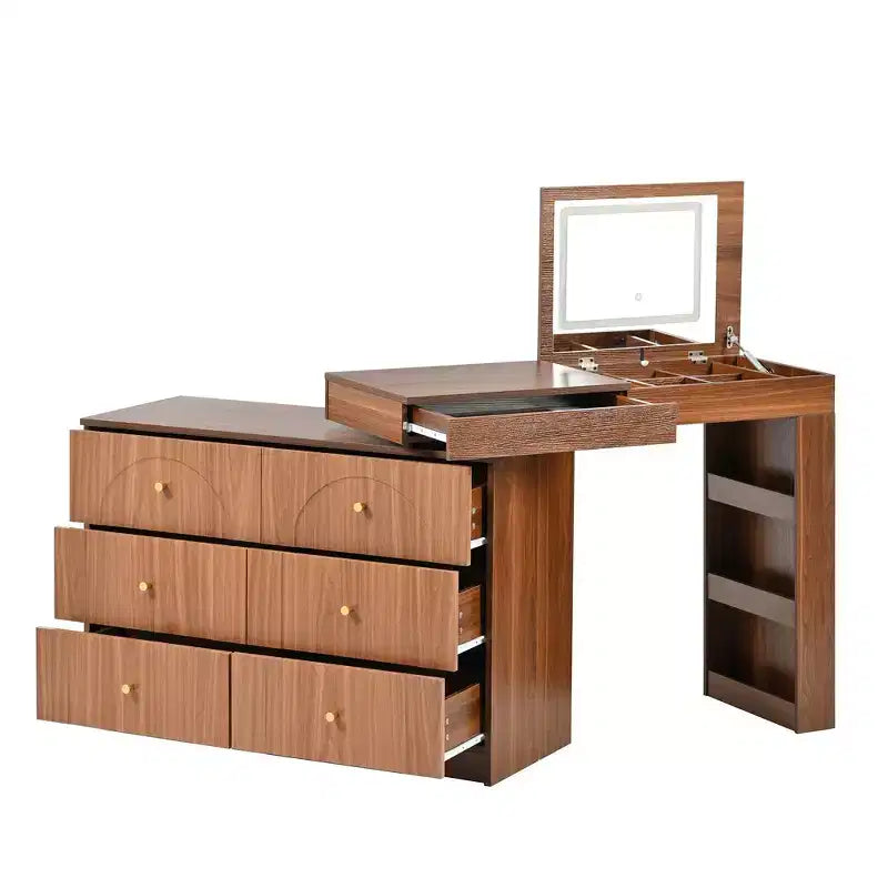 Coiffeuse Okak avec miroir rabattable, Coiffeuse vintage avec 7 tiroirs, 3 étagères et 9 compartiments, Coiffeuse compacte pour chambre à coucher, salon