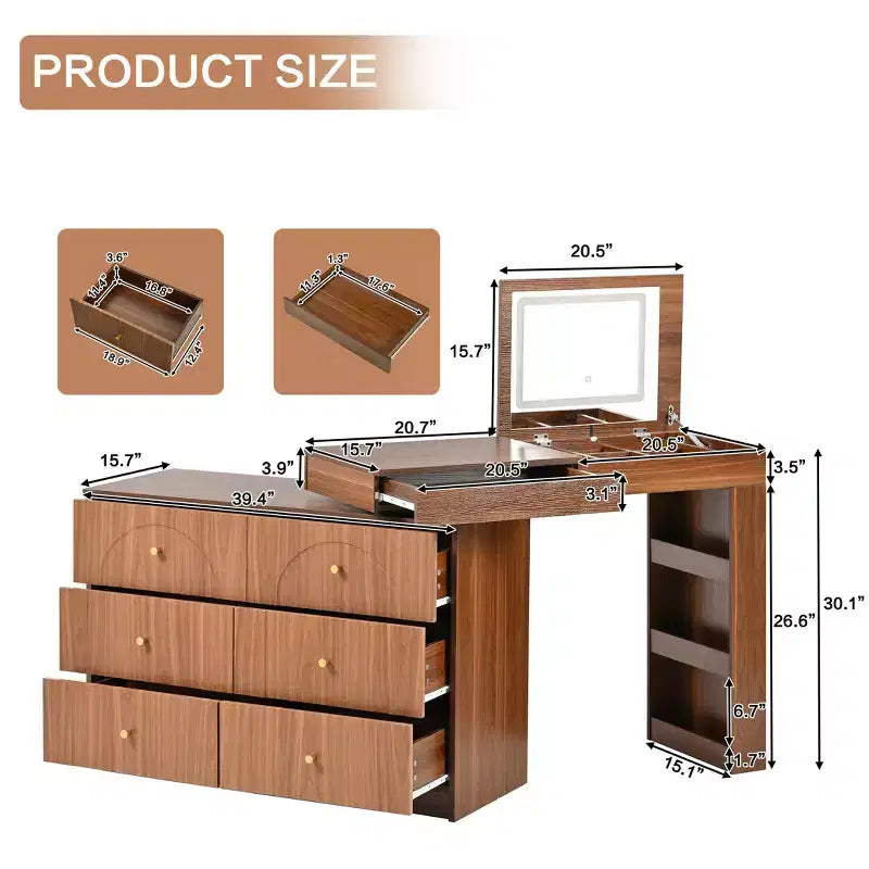 Coiffeuse Okak avec miroir rabattable, Coiffeuse vintage avec 7 tiroirs, 3 étagères et 9 compartiments, Coiffeuse compacte pour chambre à coucher, salon