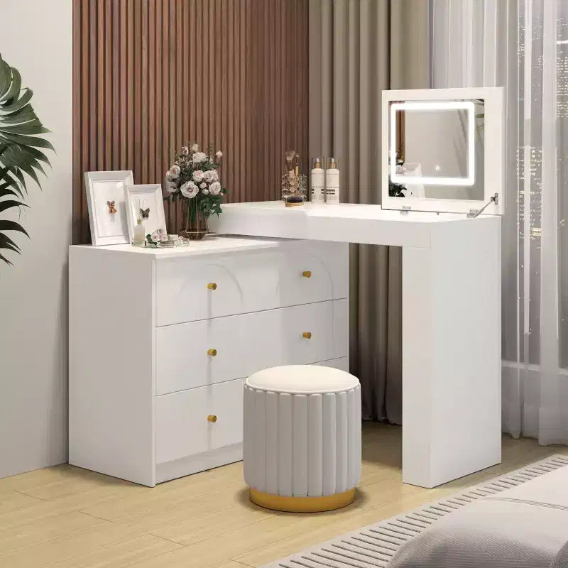 Coiffeuse Okak avec miroir rabattable, Coiffeuse vintage avec 7 tiroirs, 3 étagères et 9 compartiments, Coiffeuse compacte pour chambre à coucher, salon