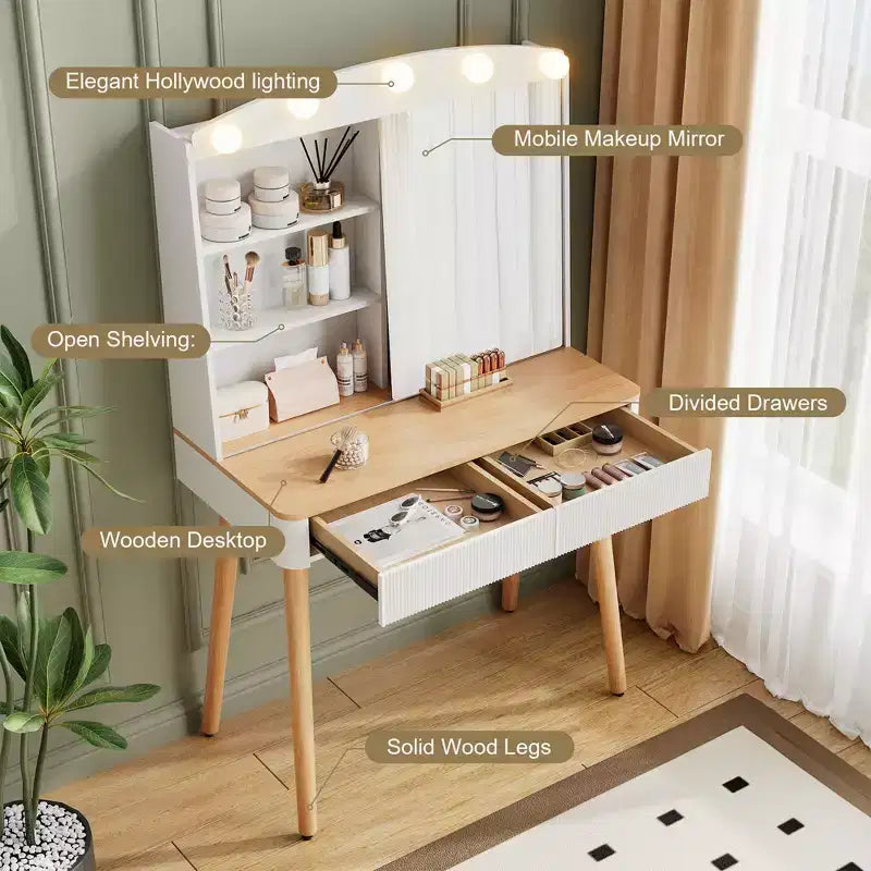 Coiffeuse moderne Okak avec miroir coulissant, bureau de maquillage avec rangement grande capacité, coiffeuse compacte pour chambre à coucher, dressing, blanc