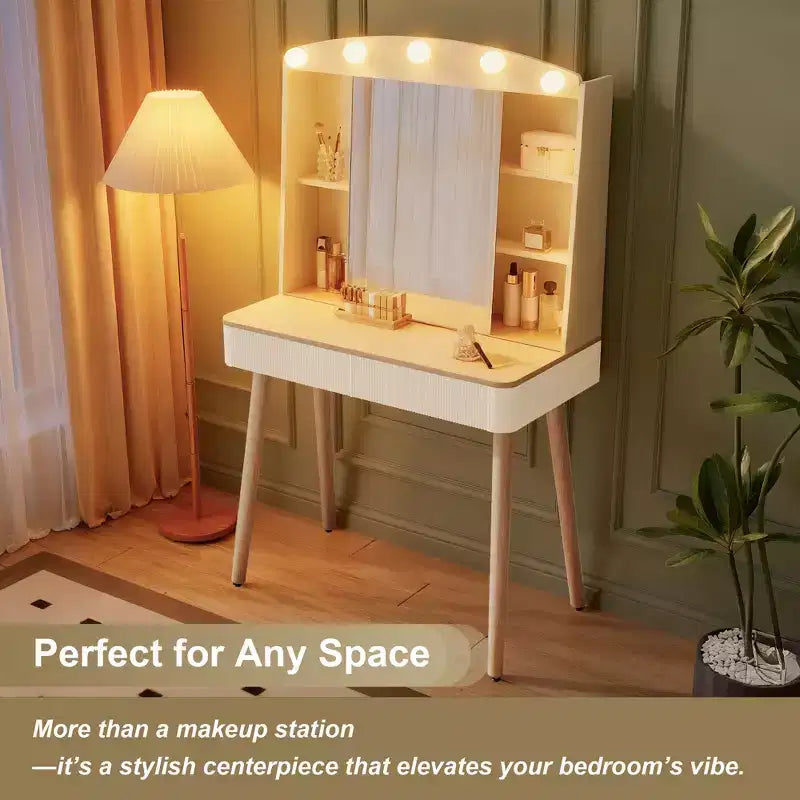 Coiffeuse moderne Okak avec miroir coulissant, bureau de maquillage avec rangement grande capacité, coiffeuse compacte pour chambre à coucher, dressing, blanc