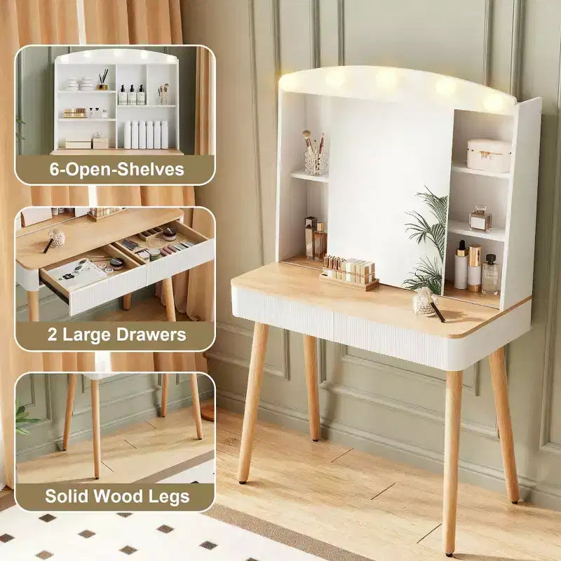 Coiffeuse moderne Okak avec miroir coulissant, bureau de maquillage avec rangement grande capacité, coiffeuse compacte pour chambre à coucher, dressing, blanc