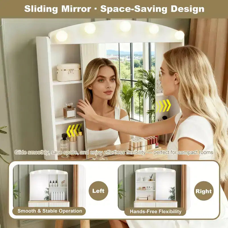 Coiffeuse moderne Okak avec miroir coulissant, bureau de maquillage avec rangement grande capacité, coiffeuse compacte pour chambre à coucher, dressing, blanc