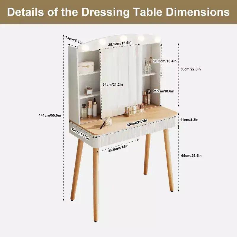 Coiffeuse moderne Okak avec miroir coulissant, bureau de maquillage avec rangement grande capacité, coiffeuse compacte pour chambre à coucher, dressing, blanc