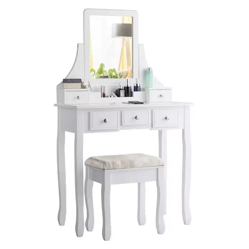 Coiffeuse avec miroir rotatif Costway et tabouret, 5 tiroirs