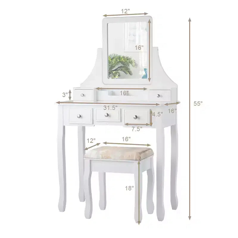 Coiffeuse avec miroir rotatif Costway et tabouret, 5 tiroirs