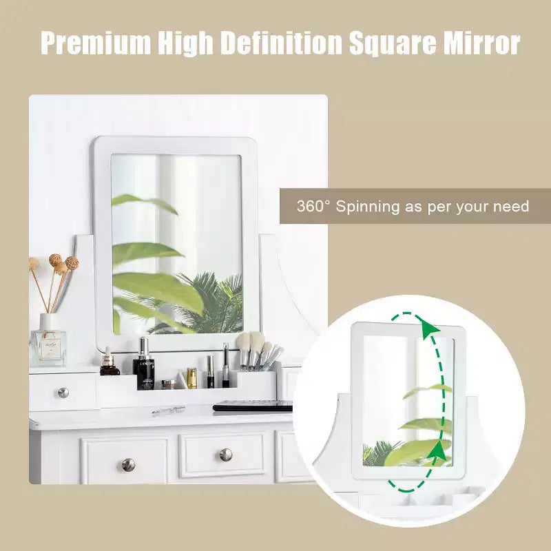 Coiffeuse avec miroir rotatif Costway et tabouret, 5 tiroirs
