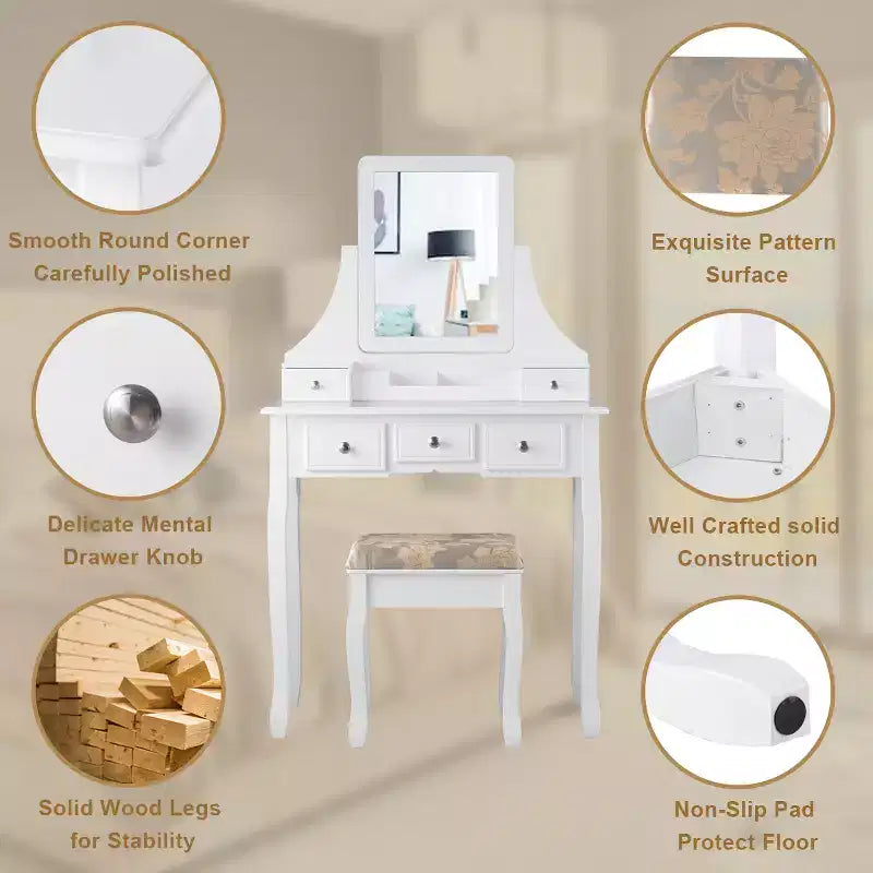 Coiffeuse avec miroir rotatif Costway et tabouret, 5 tiroirs