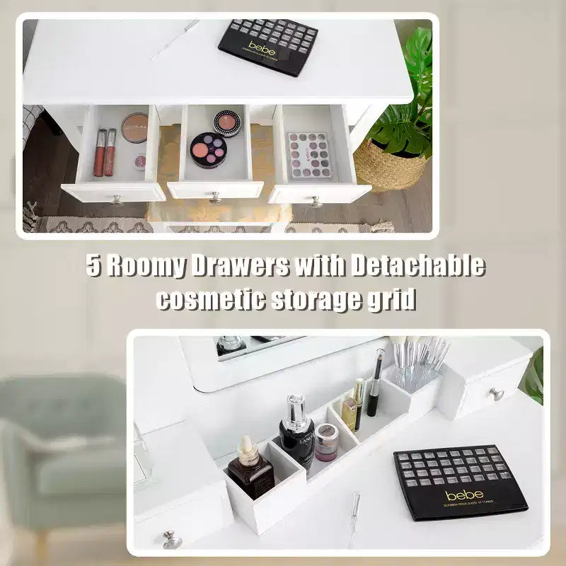 Coiffeuse avec miroir rotatif Costway et tabouret, 5 tiroirs