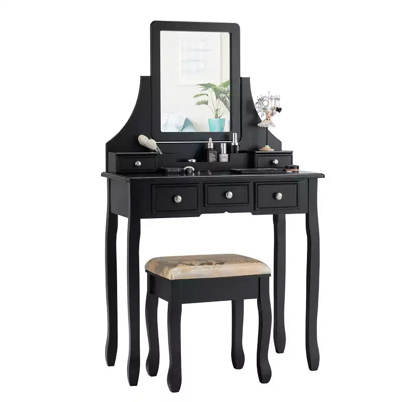 Coiffeuse avec miroir rotatif Costway et tabouret, 5 tiroirs