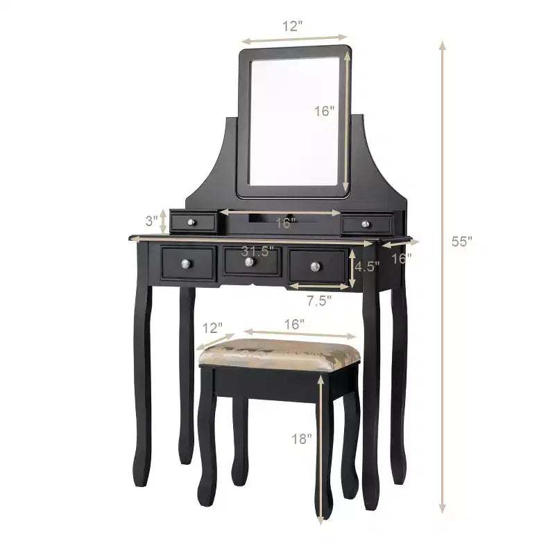 Coiffeuse avec miroir rotatif Costway et tabouret, 5 tiroirs