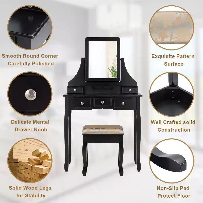 Coiffeuse avec miroir rotatif Costway et tabouret, 5 tiroirs