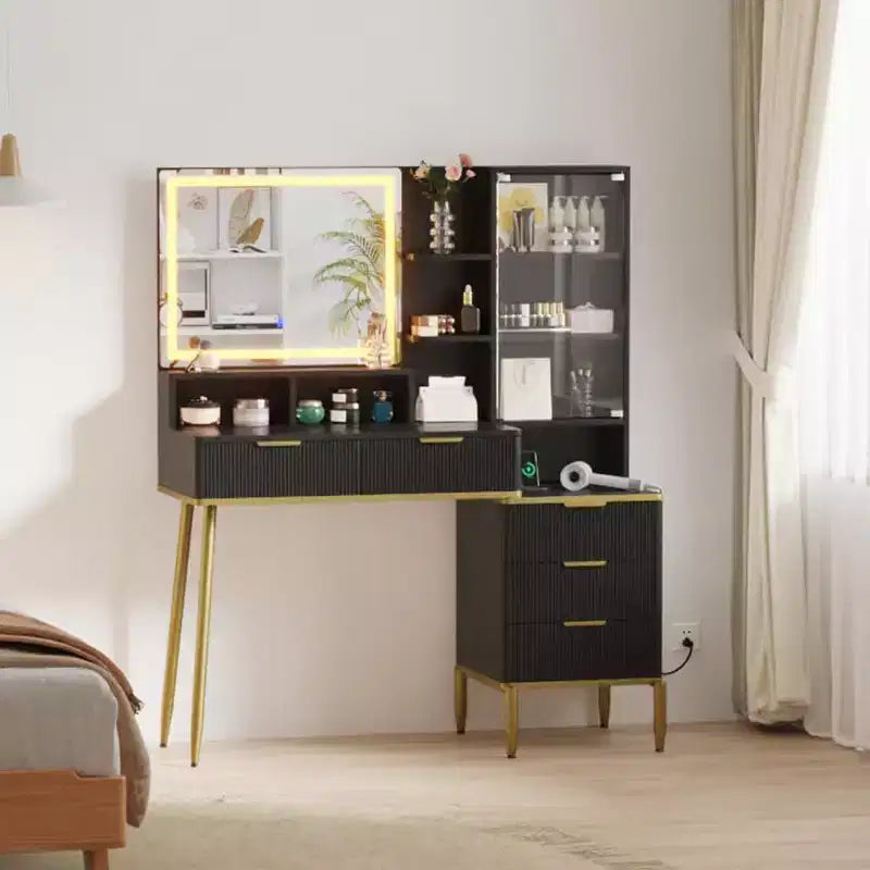 Coiffeuse moderne avec miroir éclairé HD, dessus en verre moderne, porte de protection en acrylique cannelé élégant, étagère de rangement
