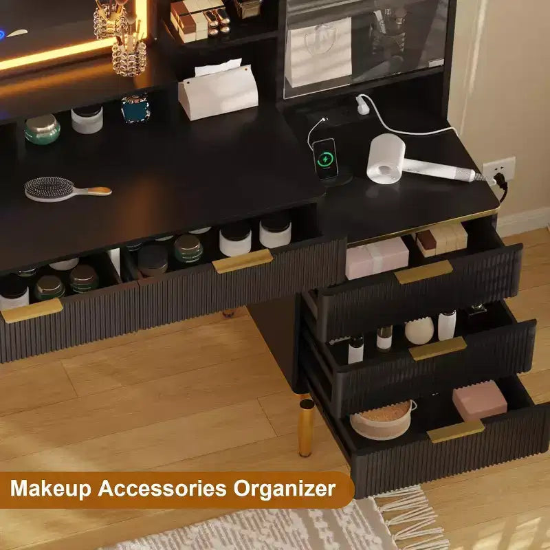 Coiffeuse moderne avec miroir éclairé HD, dessus en verre moderne, porte de protection en acrylique cannelé élégant, étagère de rangement