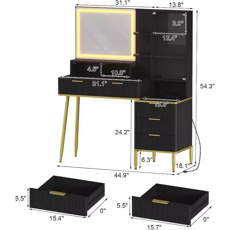 Coiffeuse moderne avec miroir éclairé HD, dessus en verre moderne, porte de protection en acrylique cannelé élégant, étagère de rangement
