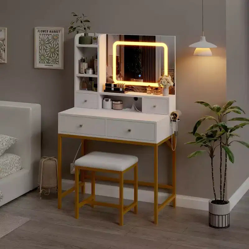 Coiffeuse avec tabouret, petite table de maquillage avec miroir et lumières, luminosité réglable, pour femme