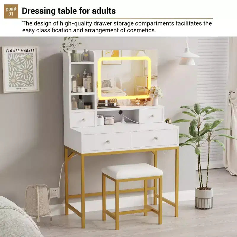 Coiffeuse avec tabouret, petite table de maquillage avec miroir et lumières, luminosité réglable, pour femme