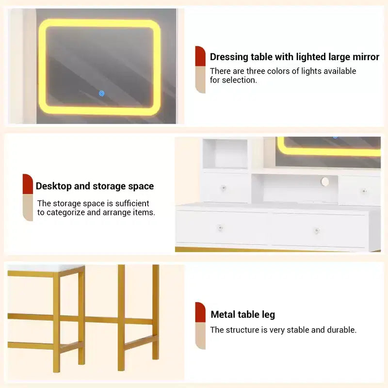 Coiffeuse avec tabouret, petite table de maquillage avec miroir et lumières, luminosité réglable, pour femme