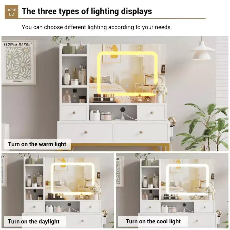 Coiffeuse avec tabouret, petite table de maquillage avec miroir et lumières, luminosité réglable, pour femme