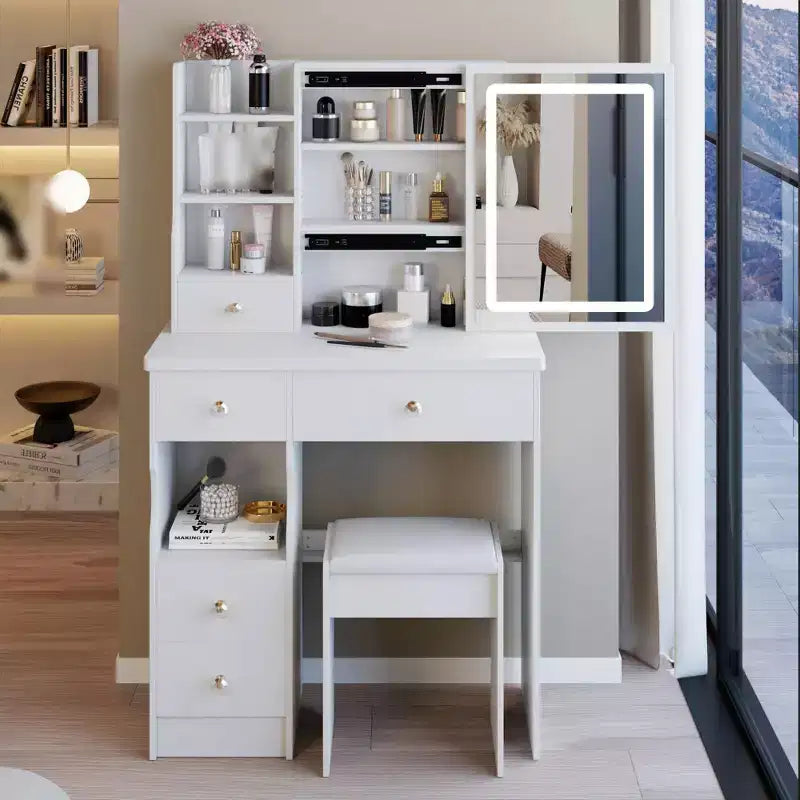Makeup Vanity Desk with Mirror and Light, Makeup Vanity Table with Stool, Dressing Table with Drawers & Open Storage for Small Space