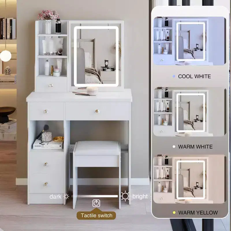 Coiffeuse avec miroir et éclairage, table de maquillage avec tabouret, coiffeuse avec tiroirs et rangement ouvert pour petit espace