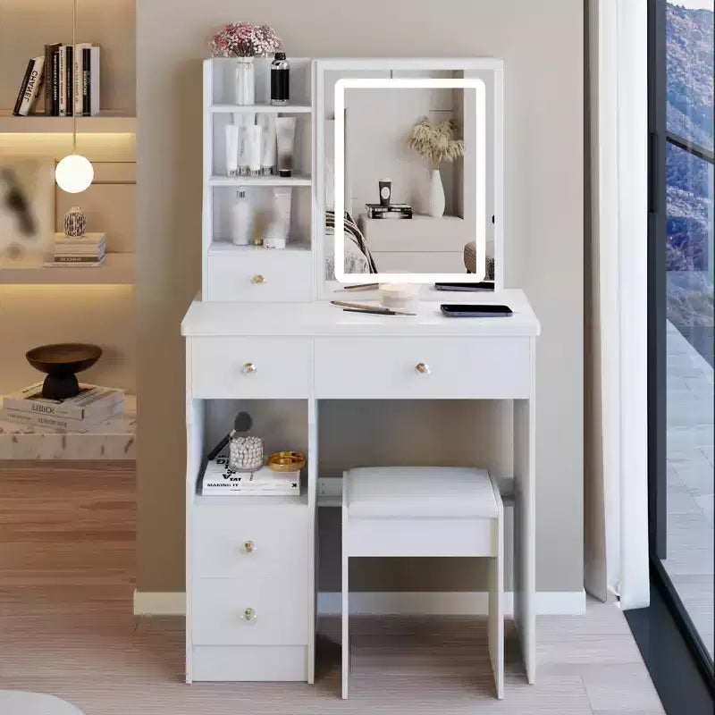 Coiffeuse avec miroir et éclairage, table de maquillage avec tabouret, coiffeuse avec tiroirs et rangement ouvert pour petit espace