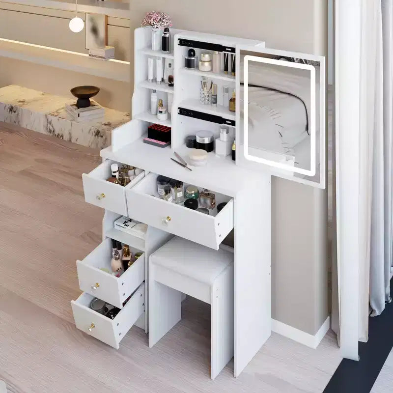 Coiffeuse avec miroir et éclairage, table de maquillage avec tabouret, coiffeuse avec tiroirs et rangement ouvert pour petit espace