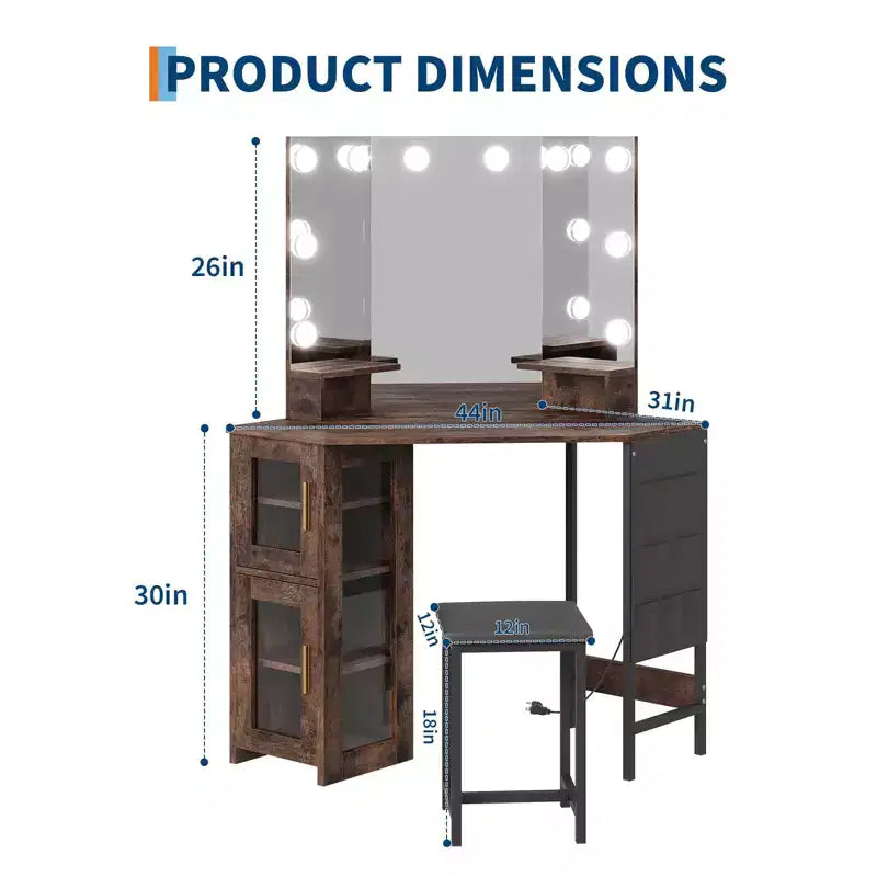 Coiffeuse d'angle GustoWave avec miroir, éclairage LED 3 couleurs, coiffeuse de maquillage moderne avec tabouret pour chambre ou studio, table de maquillage gain de place