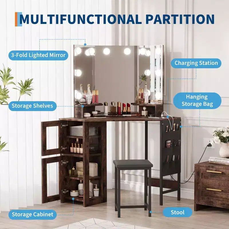 Coiffeuse d'angle GustoWave avec miroir, éclairage LED 3 couleurs, coiffeuse de maquillage moderne avec tabouret pour chambre ou studio, table de maquillage gain de place