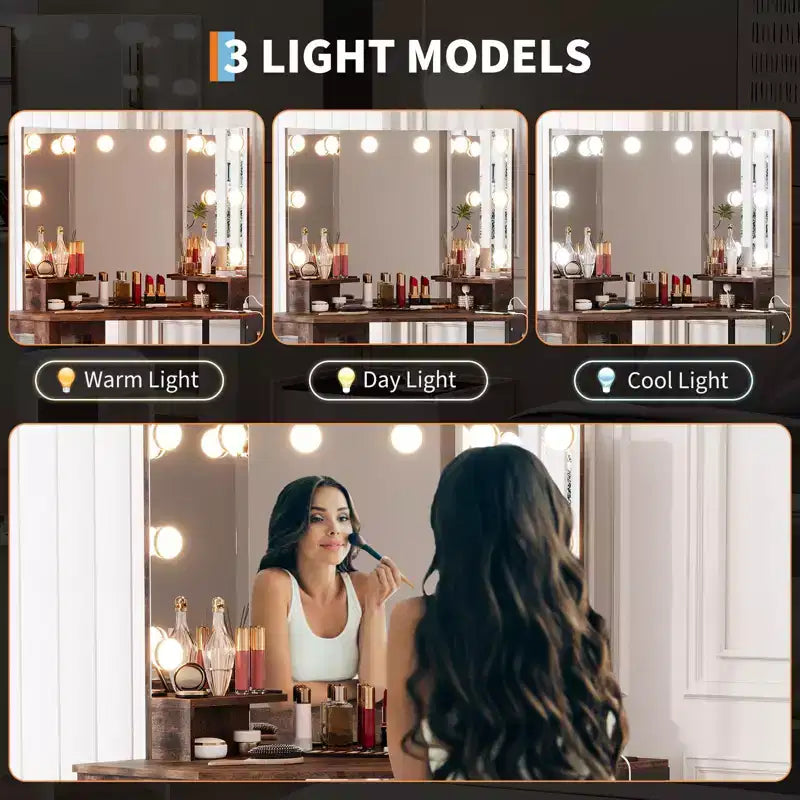 Coiffeuse d'angle GustoWave avec miroir, éclairage LED 3 couleurs, coiffeuse de maquillage moderne avec tabouret pour chambre ou studio, table de maquillage gain de place