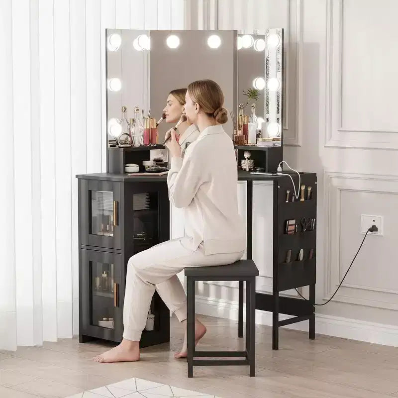 Miroir de coiffeuse d'angle GustoWave, miroir triptyque avec 3 modes d'éclairage, miroir de maquillage pour chambre et studio, miroir de coiffeuse lumineux à trois volets