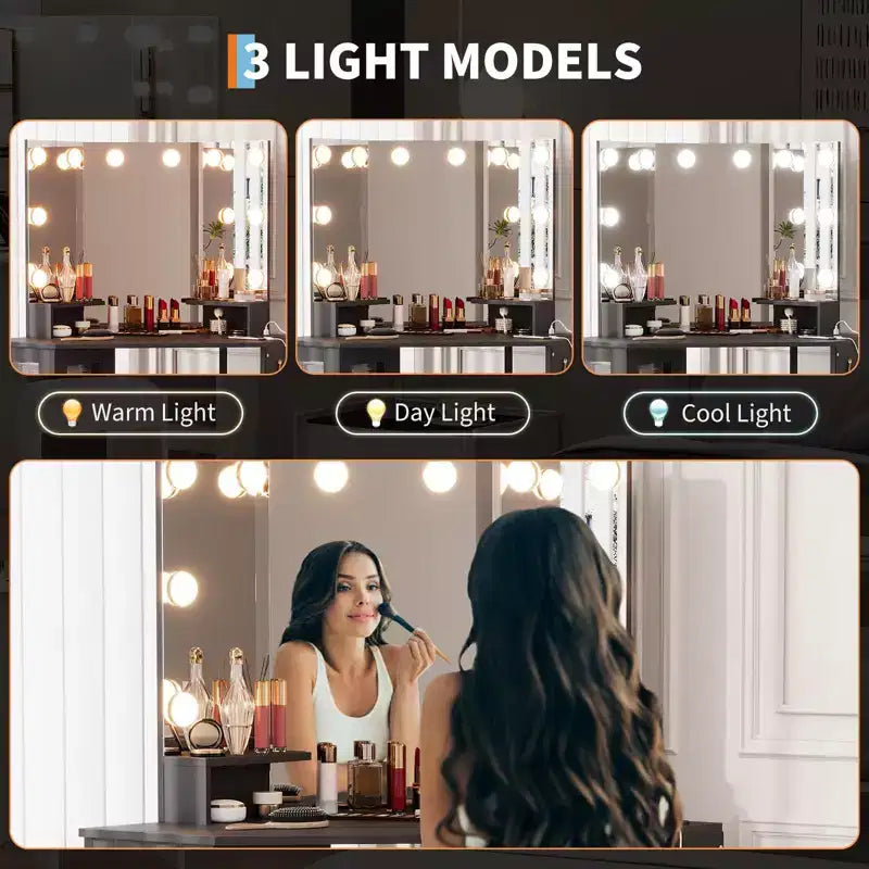 Miroir de coiffeuse d'angle GustoWave, miroir triptyque avec 3 modes d'éclairage, miroir de maquillage pour chambre et studio, miroir de coiffeuse lumineux à trois volets