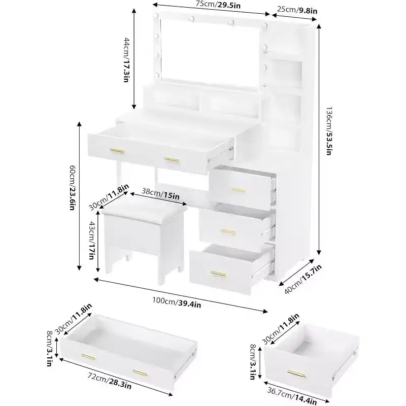 Coiffeuse avec miroir LED et tiroirs, 4 grands tiroirs et 3 étagères ouvertes pour chambre à coucher, blanc