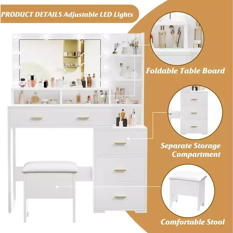 Coiffeuse avec miroir LED et tiroirs, 4 grands tiroirs et 3 étagères ouvertes pour chambre à coucher, blanc
