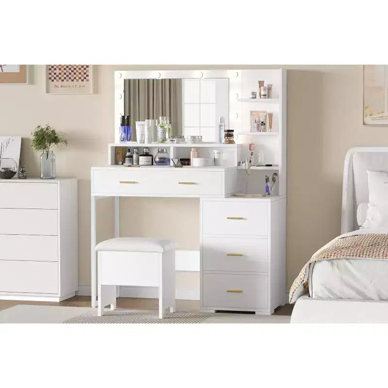 Coiffeuse avec miroir LED et tiroirs, 4 grands tiroirs et 3 étagères ouvertes pour chambre à coucher, blanc