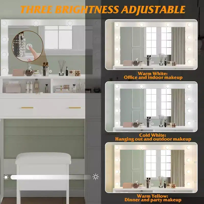 Coiffeuse avec miroir LED et tiroirs, 4 grands tiroirs et 3 étagères ouvertes pour chambre à coucher, blanc