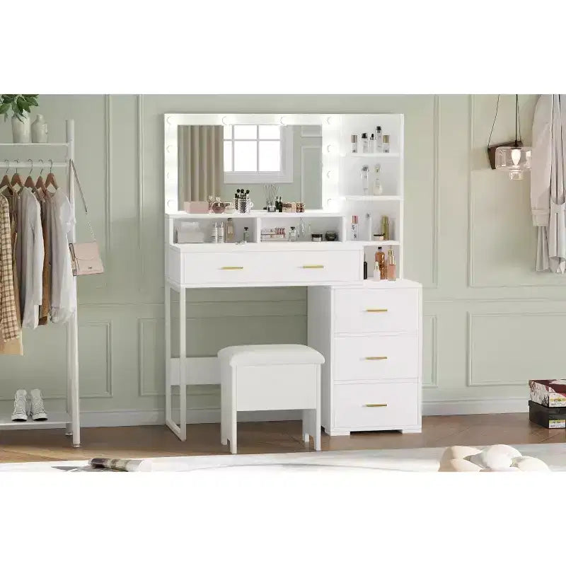 Coiffeuse avec miroir LED et tiroirs, 4 grands tiroirs et 3 étagères ouvertes pour chambre à coucher, blanc