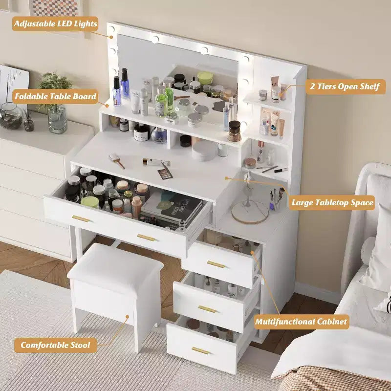 Coiffeuse avec miroir LED et tiroirs, 4 grands tiroirs et 3 étagères ouvertes pour chambre à coucher, blanc
