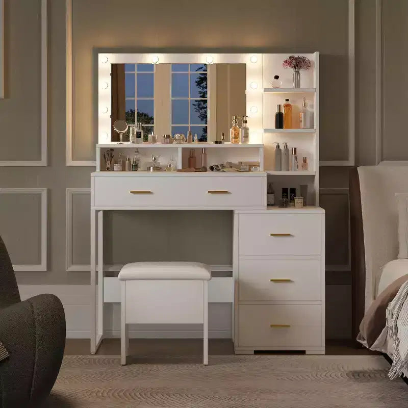 Coiffeuse avec miroir LED et tiroirs, 4 grands tiroirs et 3 étagères ouvertes pour chambre à coucher, blanc